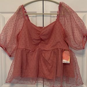 Pink dot puff sleeve tulle blouse